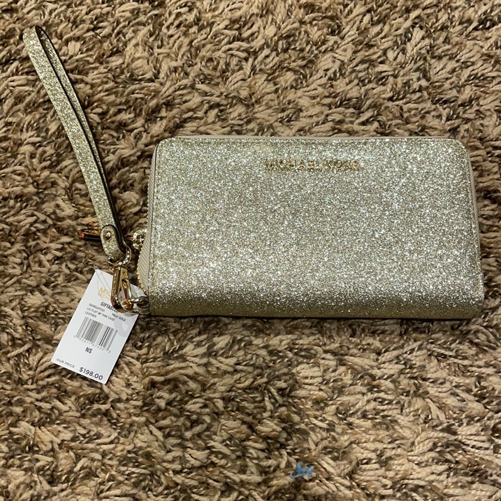 NWT Michael Kors Gold Glitter Phone Wallet Wristlet
